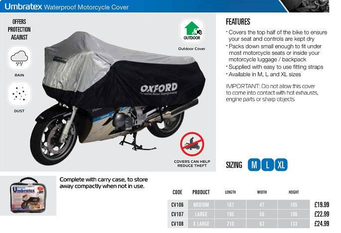 Oxford CV106 Motorbike Umbratex Outdoor Waterproof Cover Medium